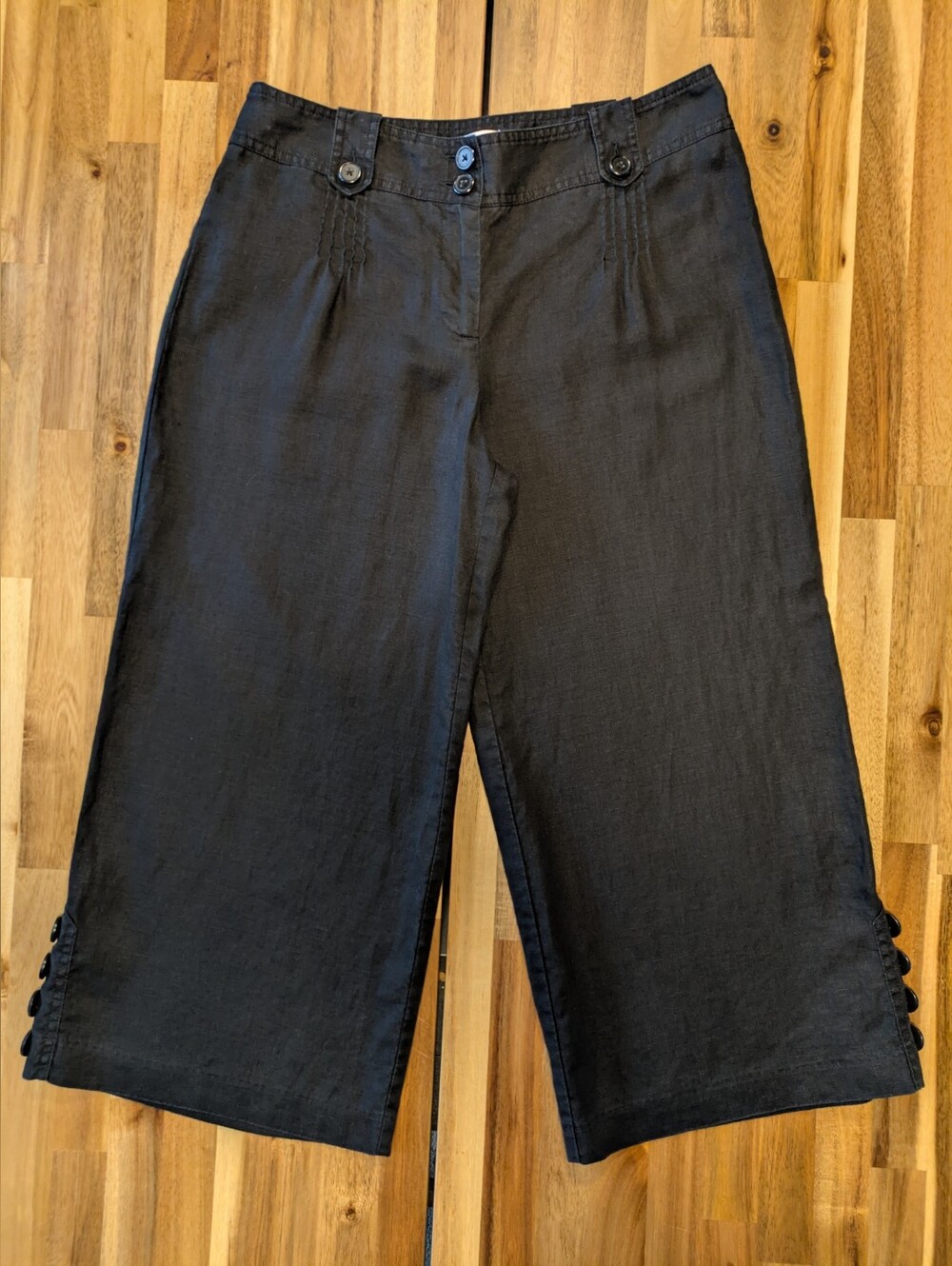 LOFT Black Wide Leg Linen Cropped Pants Sz 4 Ann Fit Button Detail
